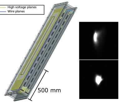 Concept of the new MWDC for the QCLAM focal plane detector, contained in one box (left) and typical snapshots of electron beams hitting OTR targets (right).